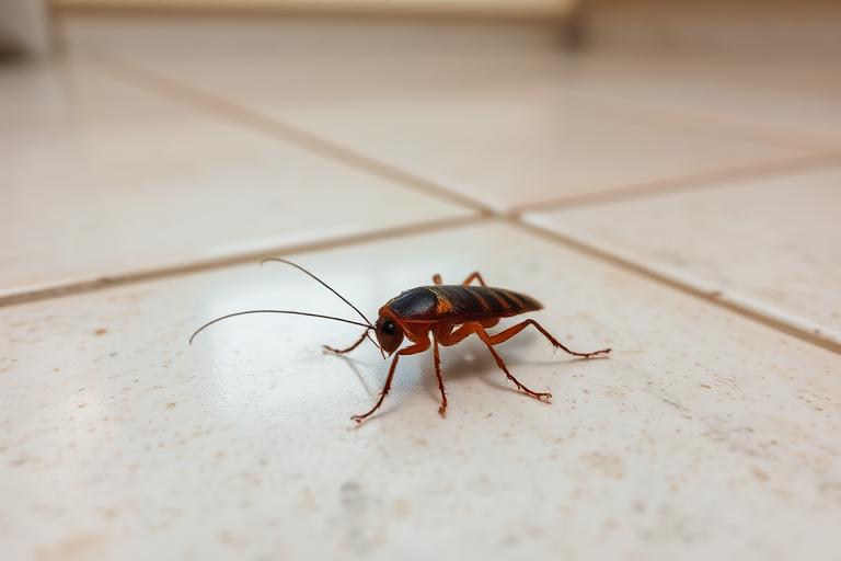 Professional technician inspecting kitchen baseboards and appliance voids for German cockroaches