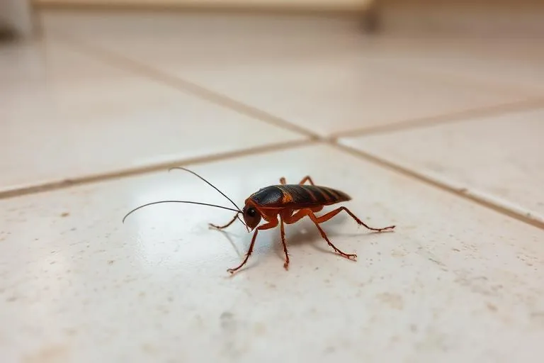 Professional technician inspecting kitchen baseboards and appliance voids for German cockroaches