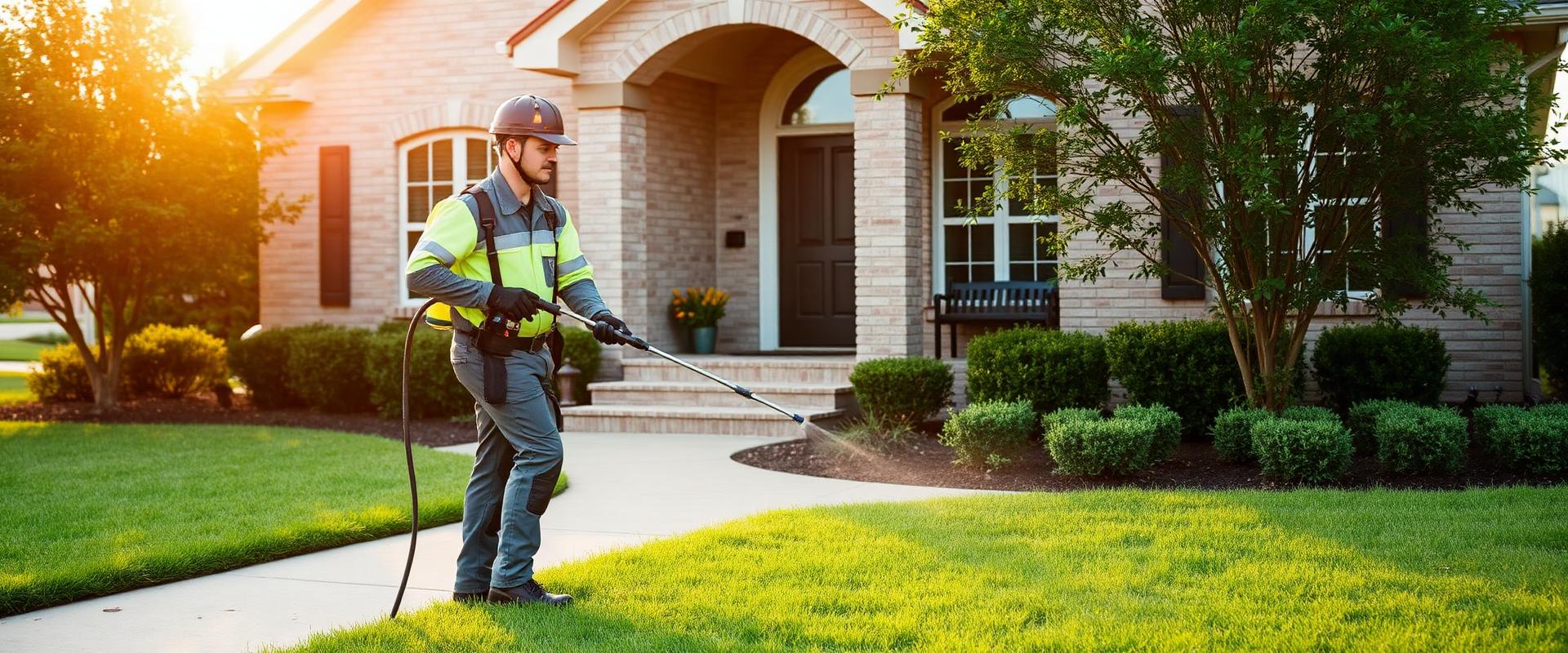 Professional technician inspecting exterior roofline and soffit transitions from the ground
