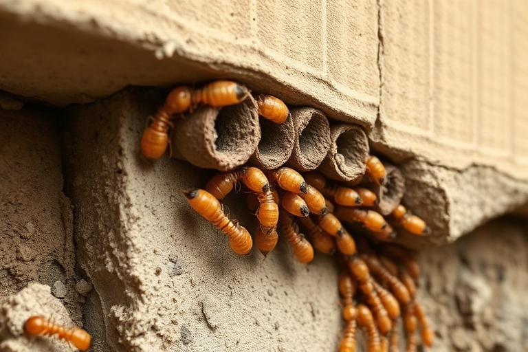 Subterranean termite earthen mud shelter tubes climbing concrete foundation wall